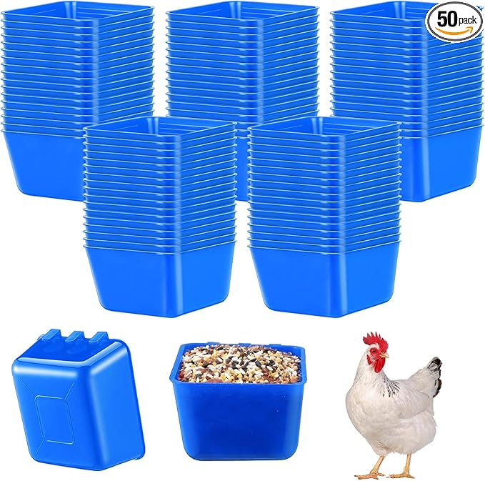 Maxdot 50 Pcs Cage Cups Chicken Feeder Cups 16 oz Hanging Bird Food Water Bowl Bunny Cage Feeding Dish for Pet Parrot Rooster Parakeet Gamefowl Poultry Pigeon(Blue)