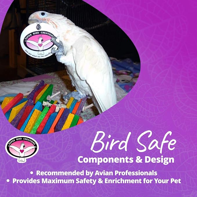 Super Bird Creations SB399 Woodpile Bird Toy - Vibrant Bird Toys for Mini Macaws, African Greys, Small Cockatoos, Parrots - Enriching Bird Toy with Chewable Elements - Large to XL Bird Size