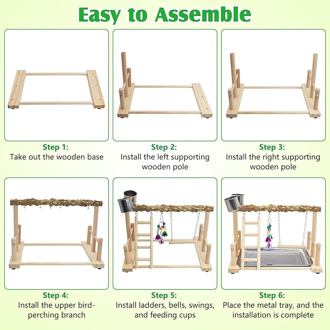 kathson Parrots Playground Bird Perch Wood Playstand Stand with Ladder Swing Feeder Cups Chew Toy for Parakeet Conure Cockatiel Budgie Lovebird Finch Small Birds