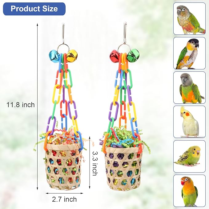 Wontee Bird Colorful Shredding Crinkles Foraging Toys Natural Sola Ball for Parrots Cockatiels Conures Budgies Senegal (Bamboo Basket (2 Pack))