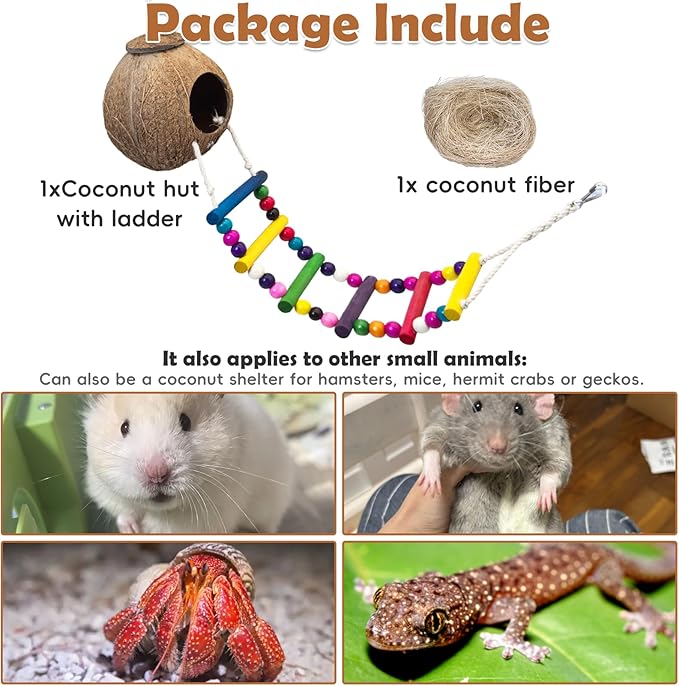 PINVNBY Hanging Coconut Bird Nest Hut with Ladder, Natural Coconut Hide Lovebird House and Colored Bead String Bird Swing for Parakeet Cockatiel Budgie Conure Canary Finch Budgies (With Coconut Fiber)