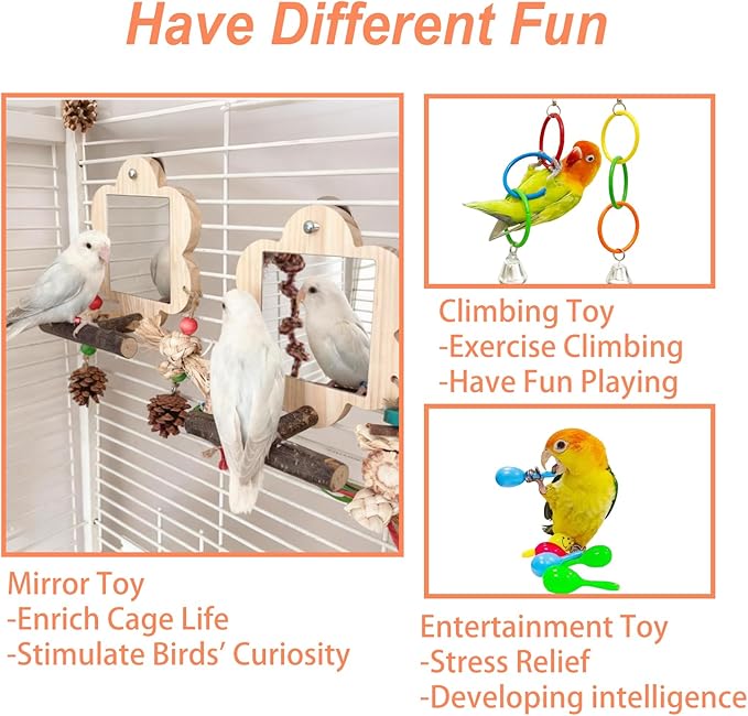 Bird Mirror with Perch, Cockatiel Mirror for Cage, Parakeet Toys with Chew Toy,Bird Cage Accessories for Parrot Conure Lovebirds Finch Canaries (Corn Cob)