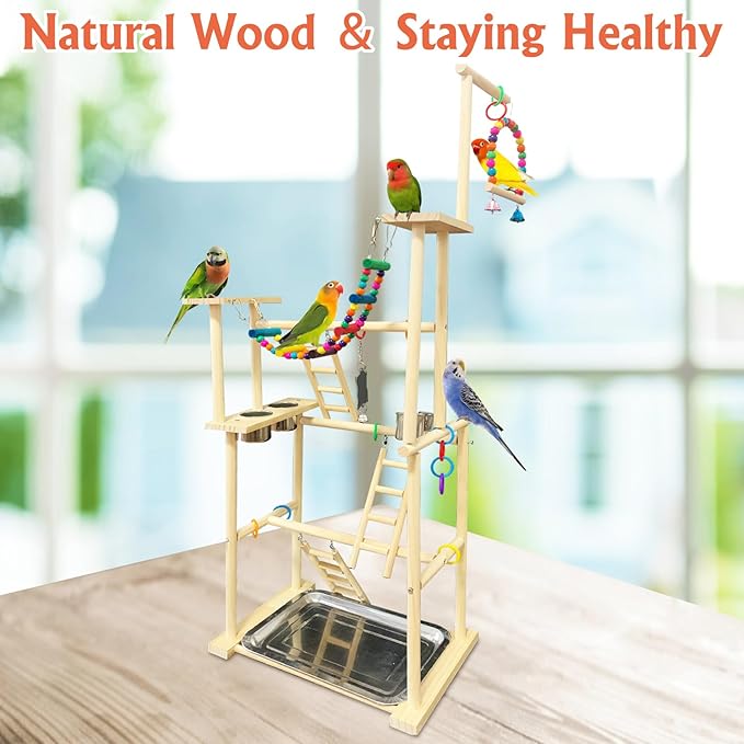Hamiledyi Natural Wood Bird Playground Stand with 4 Large Layers - Exercise Perch for Parrots Cockatiels and Small Birds Indoor Bird Activity Center with Ladders and Swings