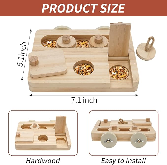 Wooden Bird Foraging Puzzle Toys for Small Parrots, Foraging Toys for Birds, Interactive Mental Enrichment and Seed Feeder Toy for Budgies, Parrotlets, Cage Foraging Training Toy (7.2" x 5.4" x 1.3")