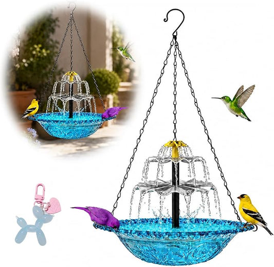 Hanging Bird Bath with Textured Bowl and Metal Chains, Solar Fountains with Cascade Flow for Outdoor Garden, Patio, and Yard Decor (Blue(XL))