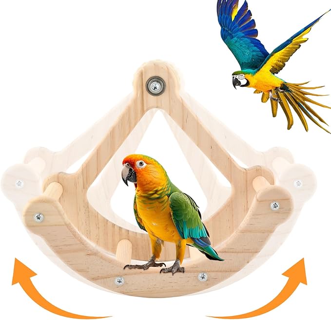 Bird Perch Toy, Wooden Interactive Rocking Parakeet Toys & Perches, Exercise Wheel Cockatiel Toys, Intelligence Puzzle Birds Enrichment Toy Bird Playground for Budgies Conure (Wood)