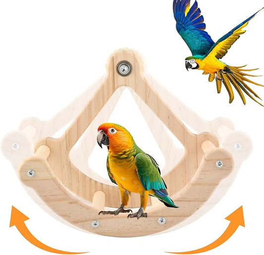 Bird Perch Toy, Wooden Interactive Rocking Parakeet Toys & Perches, Exercise Wheel Cockatiel Toys, Intelligence Puzzle Birds Enrichment Toy Bird Playground for Budgies Conure (Wood)