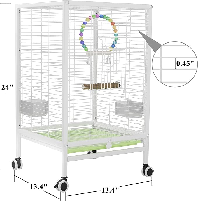 24-Inch Iron Bird Cage with Wheels, 61cm Height, Rolling Stand for Small Birds, Parakeets, Lovebirds, Canaries (White)