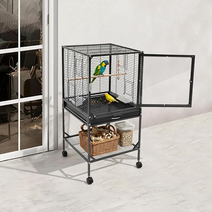 Extra Large Bird Cage 54Inch Wrought Iron Bird Cage with Rolling Stand Metal Parrot Cage with Open Play Top Perch Stand for Conures Lovebirds Cockatiels Finches (Black 2)