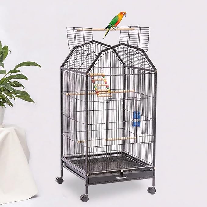 40inch Bird Cage with Rolling Wheels, Open-Top Parrot Cage Sturdy Iron Pet Bird Flight Cage Large Birdcage for Parrots Cockatiels Conure Budgie Canary (Black)