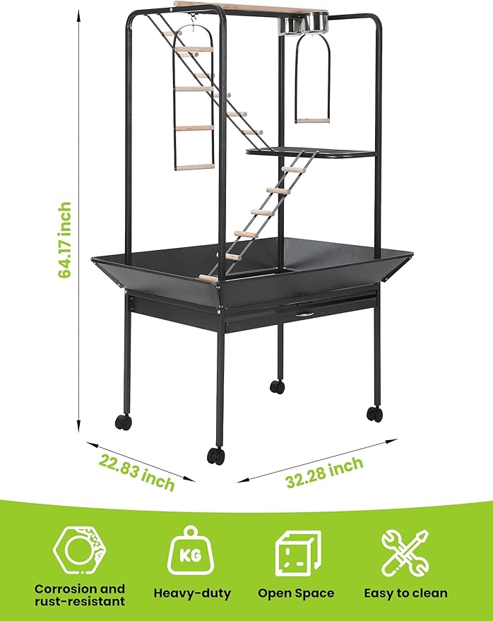 Pet Products Parrot Playstand with Wheels, Bird Cage Stand Activity Play Center with Perches and Ladders, Indoor Outdoor Playground for Birds, Black Hammertone Finish