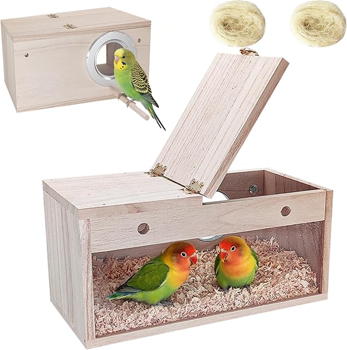 Tfwadmx Parakeet Nesting Box, Transparent Bird Nest Breeding Box, Wood Parrot Nest Box with Perch Bird Cage House for Cockatiel Lovebirds Budagie Canary Finch (M)