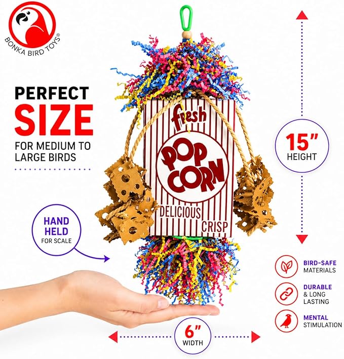 Bonka Bird Toys Popcorn Explosion Bird Toy 15" x 6" Foraging Shredding Toy for Small to Medium Birds Parakeets Cockatiels Conures Natural Paper Cardboard Hanging Cage Toy (Pack of 2)