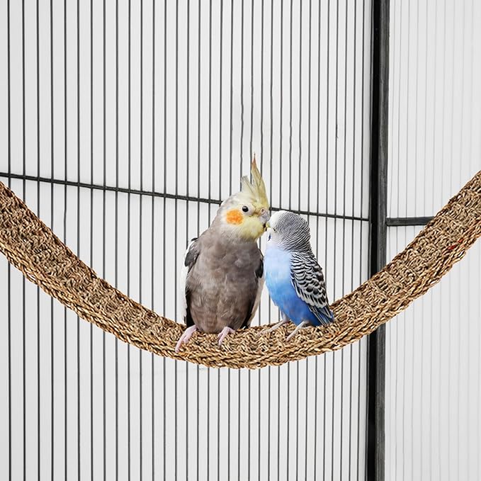 20.5 x 7.9 Inches Bird Seagrass Mat, Natural Grass Woven Bird Net Hammock Mat, Climbing Rope Ladder Chew Toy, Bird Cage Accessories for Parrots, Psittacines, Cockatiels, Hamsters, Lovebirds（2 Pack）