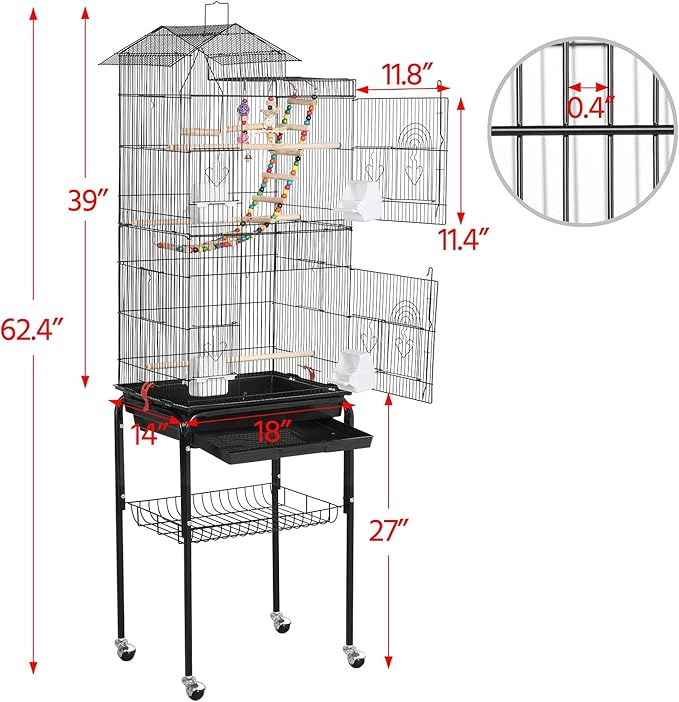Topeakmart 62.4inch Standing Large Bird Cage with Rolling Stand for Budgies Cockatiels Parakeets Lovebirds Small Birds