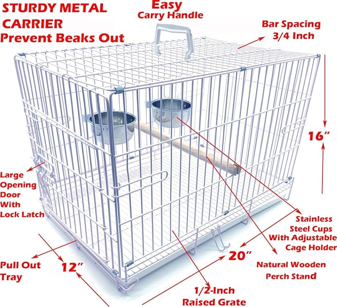 Durable Easy Portable Metal Travel or Veterinary Collapsable Parrot Bird Carrier Bite-Proof Cage with Stainless Steel Feeder Bowls Natural Wooden Perch Stand