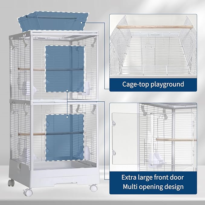 Large Double-Layer Bird Cage with Removable Tray, Rolling Stand, Perches, Feeding Bowls, Spray Guard, Play Roof – Easy-Clean 100x46x46cm Aviary for Budgies, Canaries, Parakeets – White
