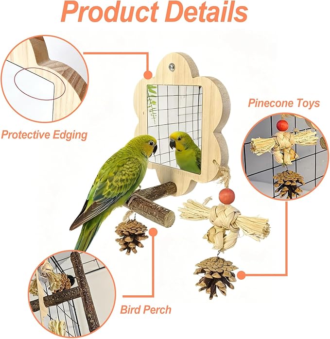 Bird Mirror with Perch, Cockatiel Mirror for Cage, Parakeet Toys with Chew Toy,Bird Cage Accessories for Parrot Conure Lovebirds Finch Canaries(Pinecone)