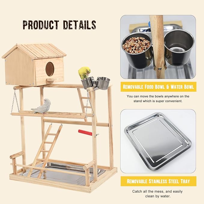 HiCaptain Large Bird Playground, 3 Layers Cockatiel Playground, Pet Parrot Playstand Gym Wooden Playpen Birds Play Stand with Nesting Box, Ladder, Feeder Cups