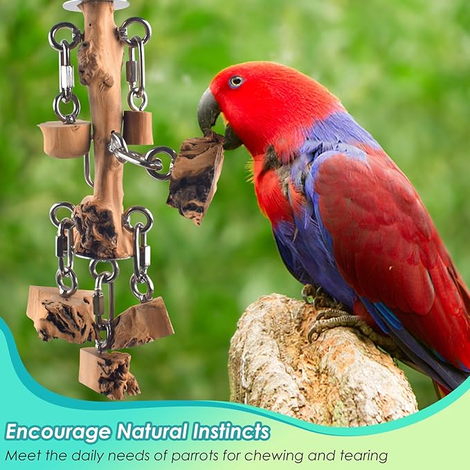 DBNESS Bird Toys for Parrot, Durable Stainless Steel Large Birds Chew Toy, Hanging Detachable Natural Hardwood Blocks for Medim to Large Eclectus, African Greys, Amazon Parrot, Cockatoo