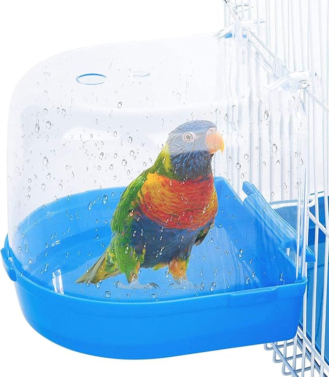 Bird Bath Box Bird Cage Accessory Supplies Bathing Parakeet Caged Bird Bathing Tub with Water Injector for Pet Small Birds Canary Budgies Parrot Parakeet Finch Canary Cockatiel Parrot Lovebird (Blue)