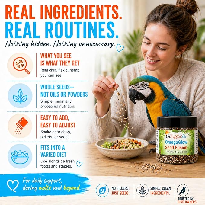UnRuffledRx™ OmegaGlow for Birds – Raw, Natural Seed Blend for Feather Growth & Molting Support – Skin & Immune Health with Chia, Flax & Hemp Seeds – Helps Reduce Plucking – 2 oz Shaker Jar