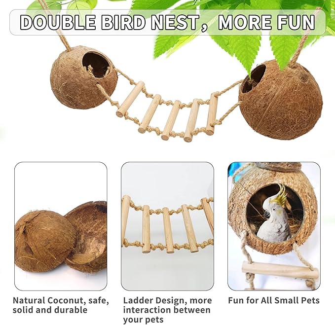 Tfwadmx Natural Coconut Hide with Ladder Perches Hanging Bird House Toy for Cage Parrot Breeding Nest for Gecko Parakeet Lovebird Finch Hamster