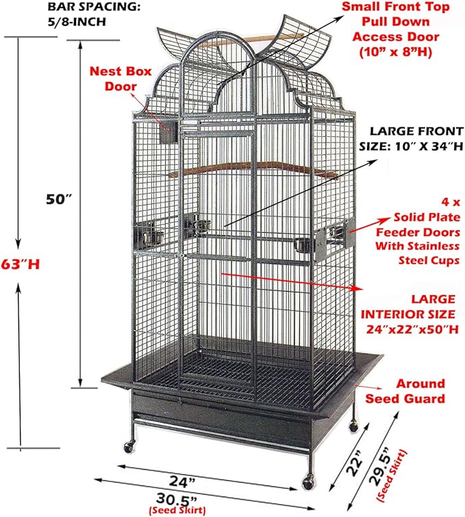 Large Elegant Sturdy Wrought Iron Open Dome Play Top Bird Parrot Cage Include Large Front Door and Small Pull Down Door Metal Seed Guard Solid Metal Feeders Side Breeding Door Lockable Wheels