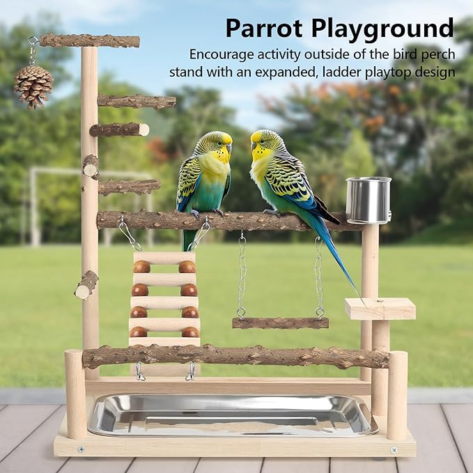 Wood Pet Parrot Playground Bird Play Stand Toys Perch with Feeder Cups for Cockatiel Parakeet Lovebirds Conure (Natural)