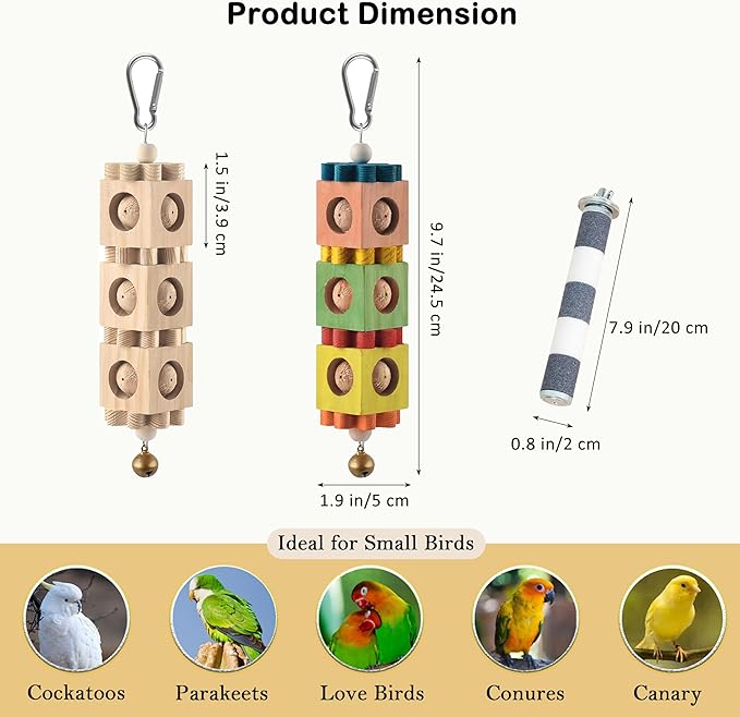 3 PCS Bird Chew Toy and Perch Set Rotating Wood Block Foraging Toys with Bells and Sandstone Nail Grinding Perch for Cockatiels Conures Caiques and Small Medium Parrots