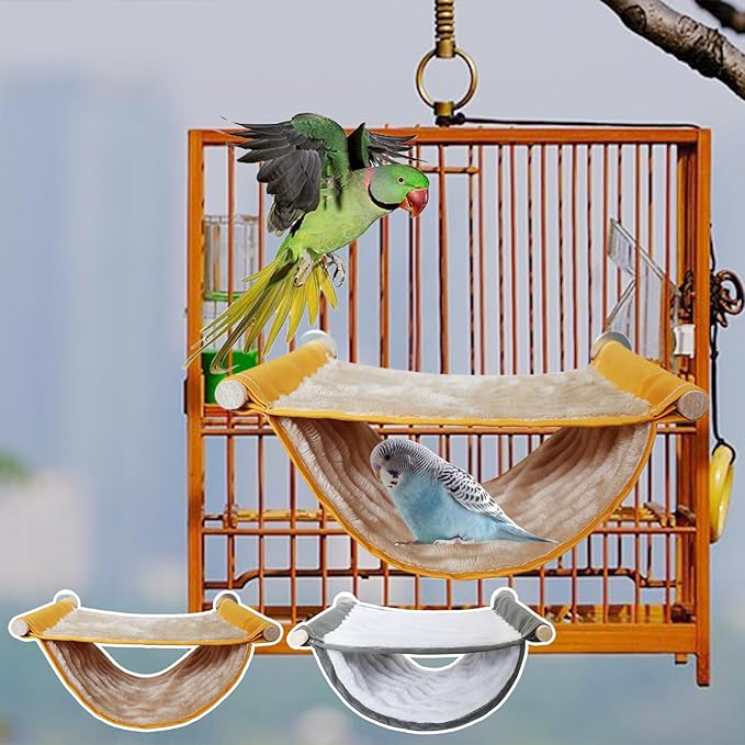Winter Warm Bird Nest Bed, Parrot Hanging Hammock Snuggle Hut and 5 Rattan Balls, Parrot Hanging Bed Cage House Bird Cage Stand Perch for Parakeet Budgies Cockatiels Hamster Chinchilla (Yellow)
