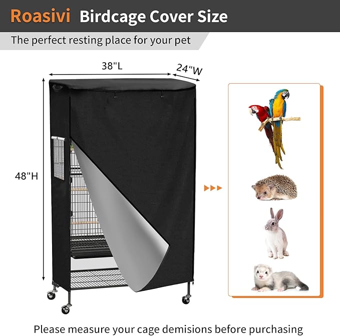 Roasivi Universal Large Bird Cage Cover Bird Cage Covers for Night Light-Blocking & Breathable Fit for Parrots and Other Small Animals Waterproof Durable Oxford Fabric 38" L x 24" W x 48" H Black