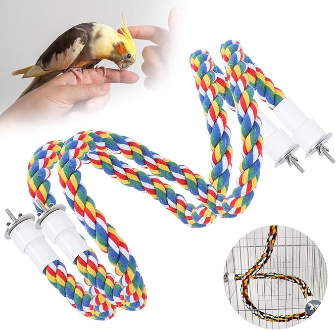 2PCS 23.6" Bird Rope Perches for Parakeets, Soft Cotton Parrot Perch with Quick Fixing Screws, Colorful Bird Cage Accessories for Cockatiels, Budgie, Canary, Comfy Perch Toy for Cage, 0.8in Dia