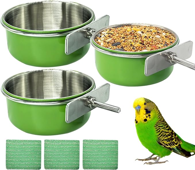 Kathson 3Pcs Stainless Steel Bird Bowls, Parakeet Food Dish Parrot Cage Feeder with Clamp Holder Small Bird Feeding Cup Pet Bird Feeder for Parakeet Cockatiels Conure Budgies Chinchilla Small Animal