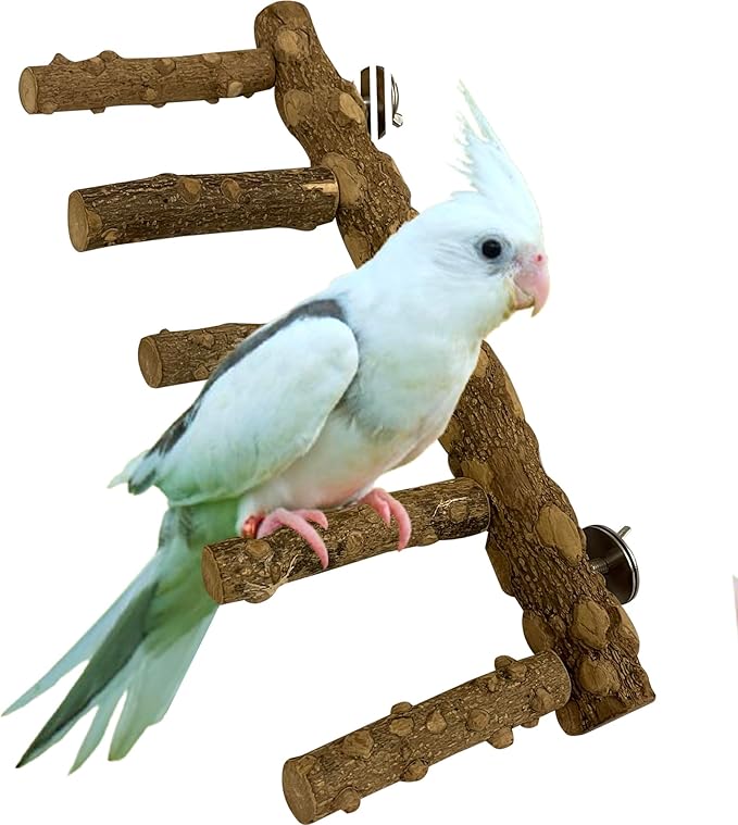 SIMENA Bird Ladder Perch, Natural Wood Parrot Stand, Hamster Climbing Toy, Bird Cage Ladder for Small and Medium Birds, Parakeet, Cockatiel, Conures, Lovebirds, Budgie