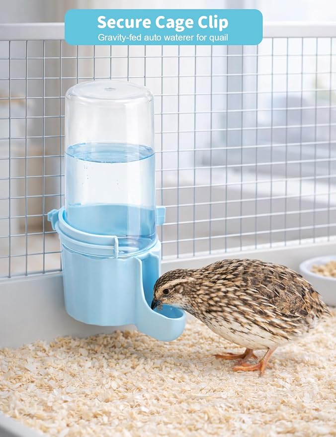 Quail Chick Waterer with Anti-Drowning Shallow Tray, 16.6 fl oz Automatic Gravity Button Quail Waterer, Hanging or Free-Standing Bird Water Dispenser for Wire Mesh Cages and Brooders (Blue)