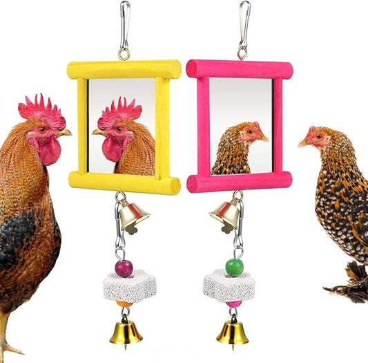 2Pcs Chicken Mirror Toys for Hens Hanging Swing Mirror Toys with Bells and Beak Grinding Molar Stones for Roosters Hens Birds Parrots (Yellow and Red)