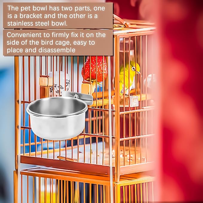 2 Pack Bird Feeding Bowls Cups Parrot Food Water Dishes, Stainless Steel Bird Bowl Cup Dish with Clamp, Birdcage Feeder Pet Cage Bowls for Cockatiel Budgie Conure Macaw Parakeet Small Animal