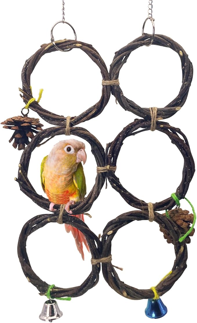BNOSDM Bird Swing Rings Toy Natural Wood Parrot Climbing Ladder Parakeet Chewing Toys Hanging Budgie Cage Accessories for Green Cheek Conure Cockatiel Lovebird (6 Rings)