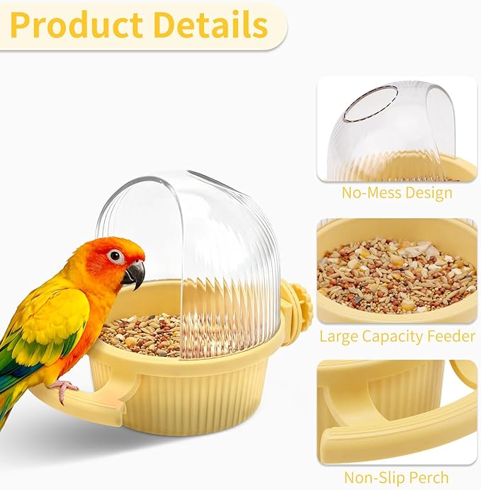 Litewoo No Mess Bird Feeder for Cage Parrot Feeder with Dispenser Multifunctional Bird Seed Food Water Bowl for Parrot Lovebird Budgie Finch Parakeet Conure Cockatiel (Yellow)