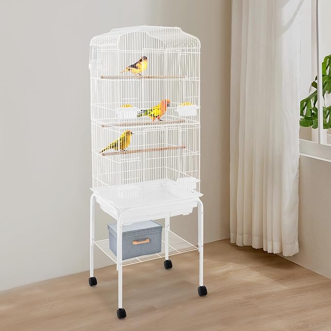 Extra Large Bird Cage, 54 Inch Wrought Iron Bird Cage Open Top Parakeet Cage w/Slide-Out Tray for Parrot, Cockatiel, Budgie, Parakeets, Lovebird, Small Medium Birds 18 * 14.6 * 54In (White-1)