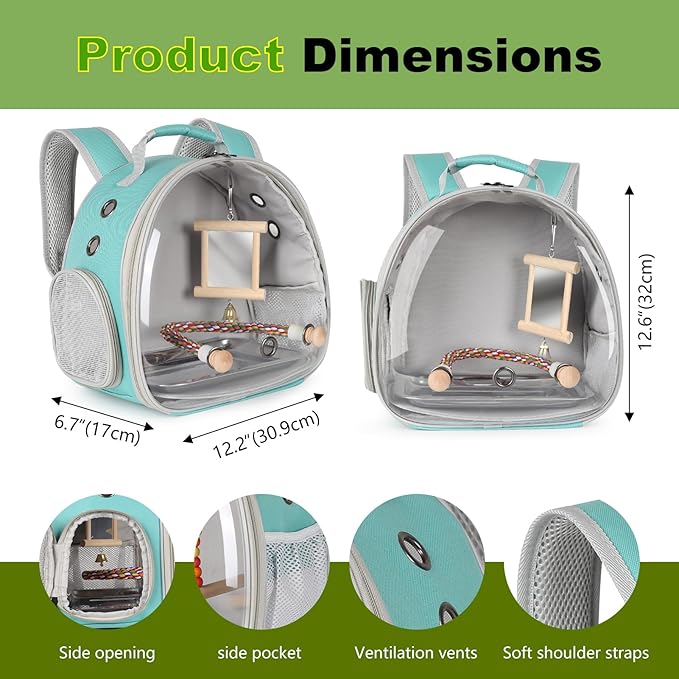 Parrot Travel Carrier Bubble Window Backpack with Mirror Standing Toy,Portable Parrot Cage Backpack with Bird Stand Perch, Pet Travel Bag for Cockatiels, Love Bird,Small Birds