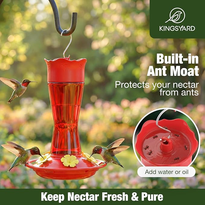 Kingsyard Glass Hummingbird Feeder for Outdoors Hanging, 10 oz Leak-Proof Humming Bird Feeders with Ant Moat & Bee Proof Feeding Ports, Hummingbird Gift for Bird Lovers (Red)