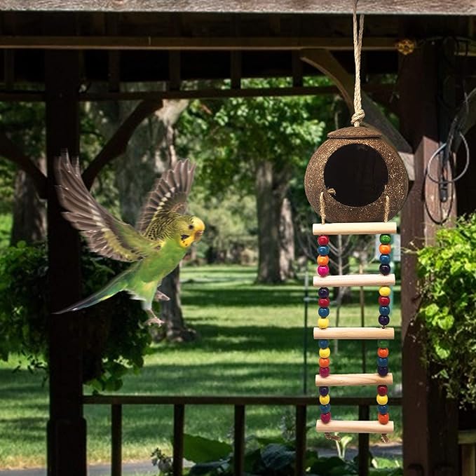 Hanging Coconut Birds House with Ladder,Natural Coconut Fiber Shell Bird Nest for Parrot Parakeet Lovebird Finch Canary,Coconut Hide Birds Swing Toys for Hamster,Bird Cage Accessories,Pet Bird Supply