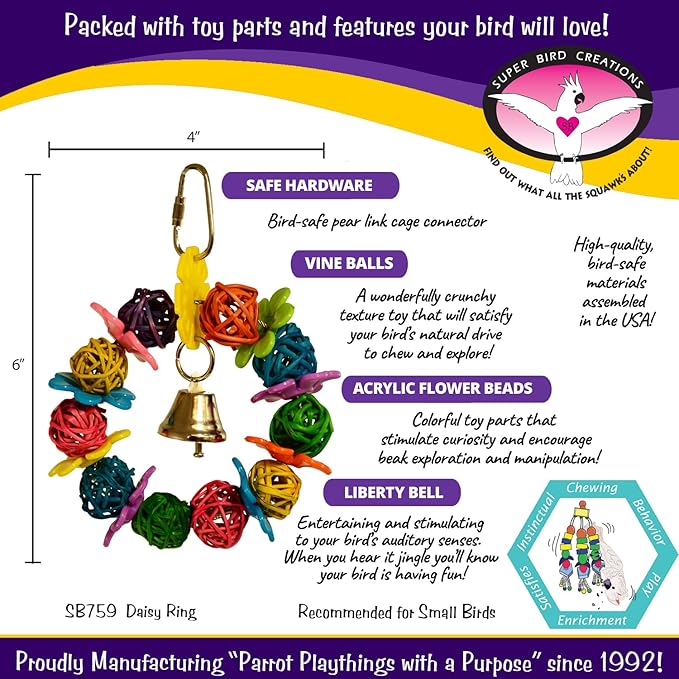 Super Bird Creations SB759 Daisy Ring Bird Toy - for Small Bird Sizes 6" x 4" - Parrotlets, Parakeets, Cockatiels, and Lovebirds - Colorful and Interactive Bird Toy - Enrichment & Boredom Relief Toy