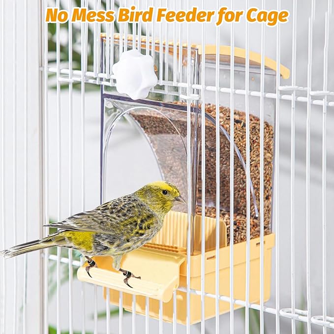 BNOSDM No Mess Bird Feeder Transparent Automatic Bird Cage Feeder with Perch Acrylic Parrot Food Container Parakeet Cage Accessories for Parakeets, Budgies, Cockatiel, Finch, Canary, Lovebird (Yellow)