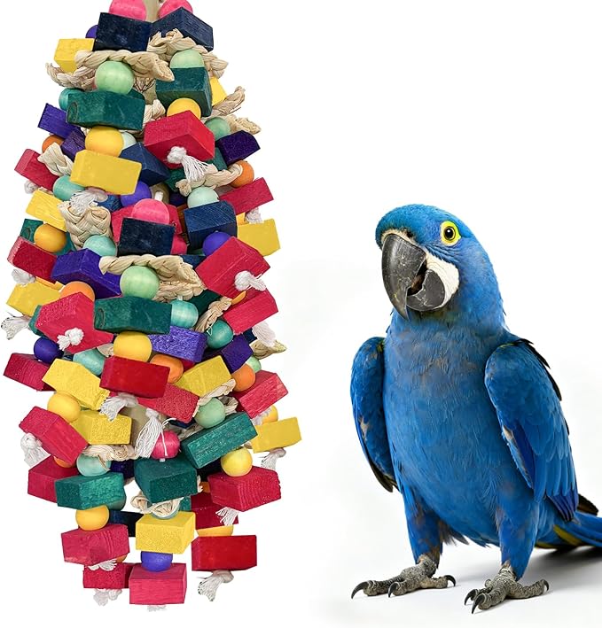 Bird Toys for Large Parrots Colorful Natural Wood Block Parrots Chew Foraging Toys for Bird Cages Cockatoos, Macaws, African Greys, and Amazons