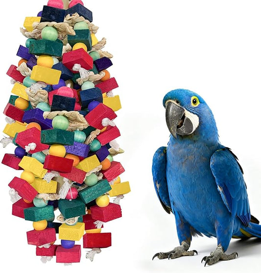 Bird Toys for Large Parrots Colorful Natural Wood Block Parrots Chew Foraging Toys for Bird Cages Cockatoos, Macaws, African Greys, and Amazons