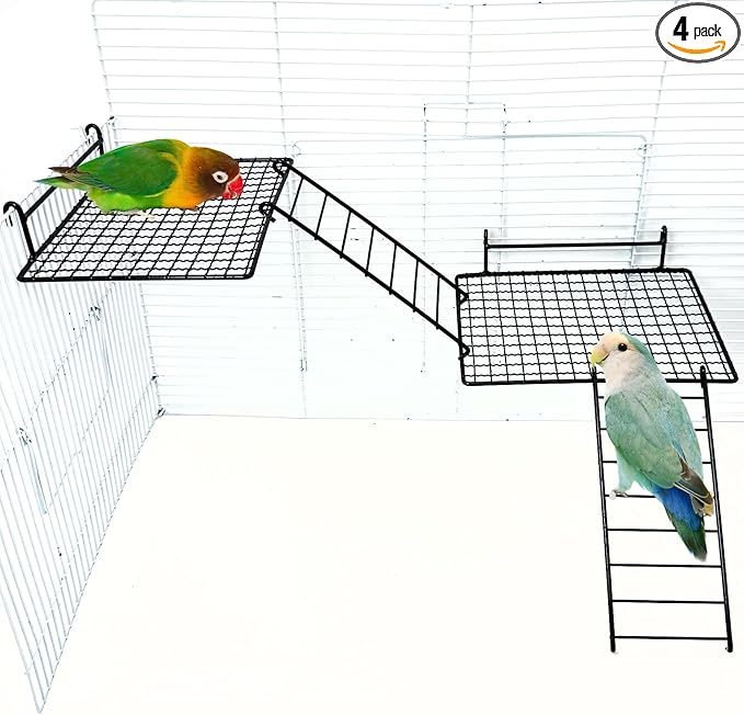 BNOSDM Stainless Steel Grid Platform for Parakeet 4 PCS Bird Perches Platform Parrot Stand with Climbing Ladder Bird Cage Accessories for Small to Large Bird (XL)