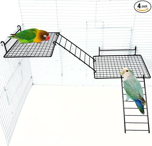 BNOSDM Stainless Steel Grid Platform for Parakeet 4 PCS Bird Perches Platform Parrot Stand with Climbing Ladder Bird Cage Accessories for Small to Large Bird (XL)